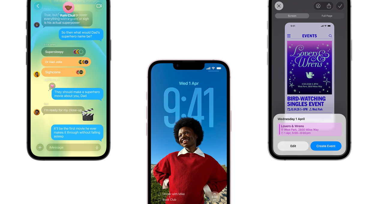 Three iPhone 17e devices, front exterior, showing Messages app with Liquid Glass design, dynamic Lock Screen and screenshot feature with Calendar event in use