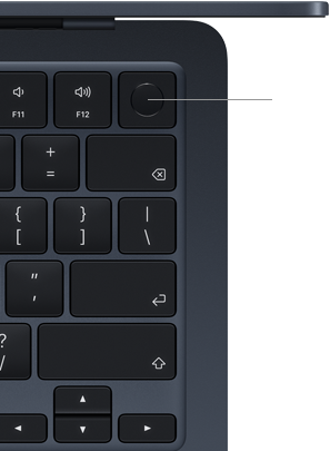 MacBook Air клавиатура, отгоре вдясно, показваща къде точно се намира бутонът Touch ID