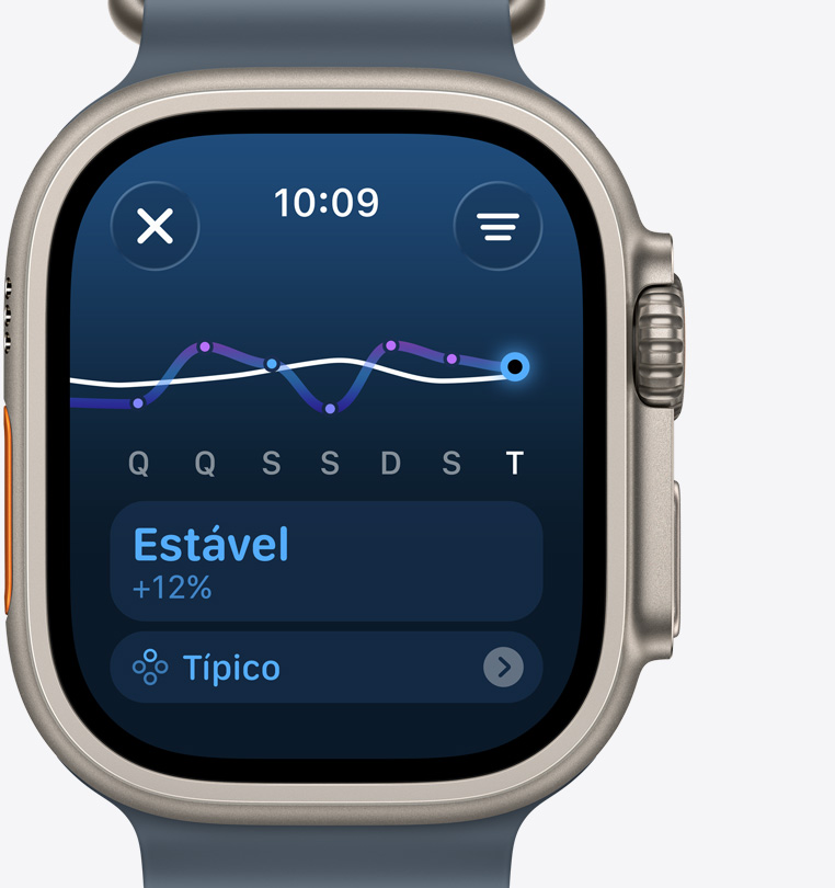 Apple Watch Ultra 3, caixa natural de titânio, tela de carga de exercício indicando um aumento constante no treino