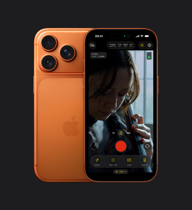 Écran d’iPhone 17 Pro montrant la fonctionnalité ProRes RAW pendant l’enregistrement vidéo d’une femme jouant du violoncelle
