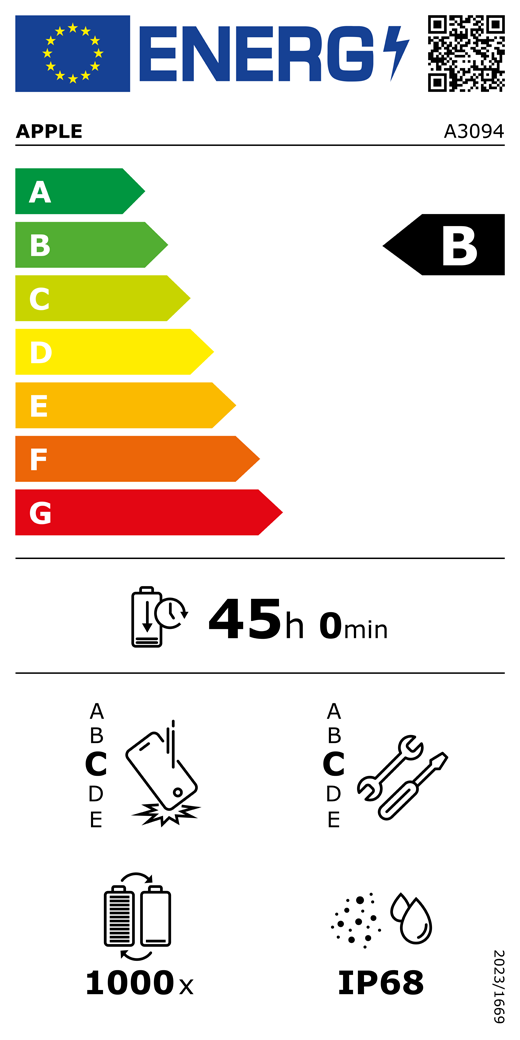 QR kód a informace na energetickém štítku EU, model Apple A3094, třída B, třídy energetické účinnosti (se stupnicí od A do G), A (nejvyšší účinnost) až G (nejnižší účinnost), výdrž baterie na jeden cyklus, 45 hodin a 0 minut na plné nabití baterie, třída spolehlivosti při opakovaném volném pádu C, A (nejvyšší odolnost) až E (nejnižší odolnost), třída opravitelnosti C, A (nejlepší opravitelnost) až E (nejhorší opravitelnost), životnost baterie 1000 cyklů, stupeň ochrany proti vniknutí prachu a vody (IP) IP68, nařízení 2023/1669