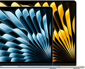 Kaks MacBook Air sülearvutit, mis näitavad ekraanide suhtelisi suurusi: 13,6 tolli ja 15,3 tolli diagonaalis mõõdetuna