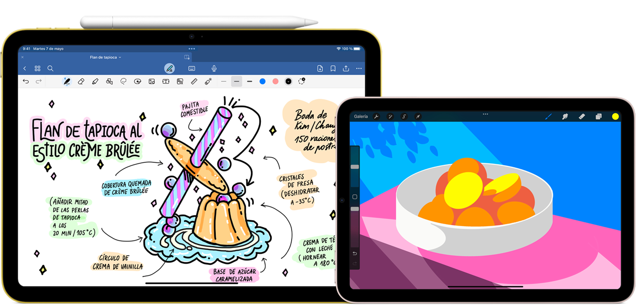 A la izquierda, vista horizontal del iPad que muestra una ilustración con notas y un dibujo en la pantalla y un Apple Pencil (USB-C) acoplado en la parte superior. A la derecha, vista horizontal del iPad mini que muestra una colorida ilustración creada con ProCreate.