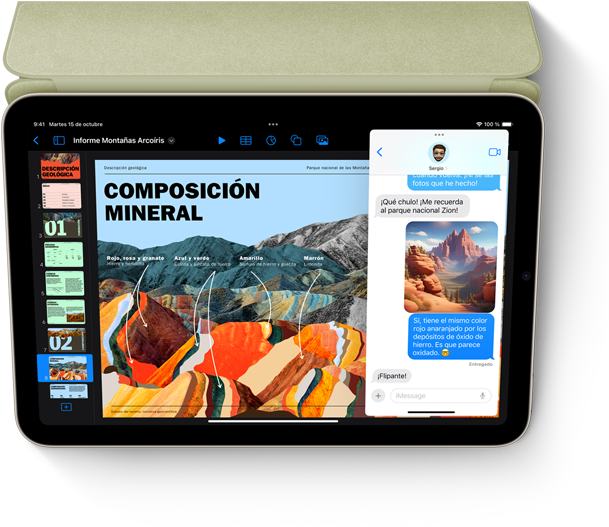 Un iPad mini en horizontal con la prestación Slide Over con las apps Keynote y Mensajes.