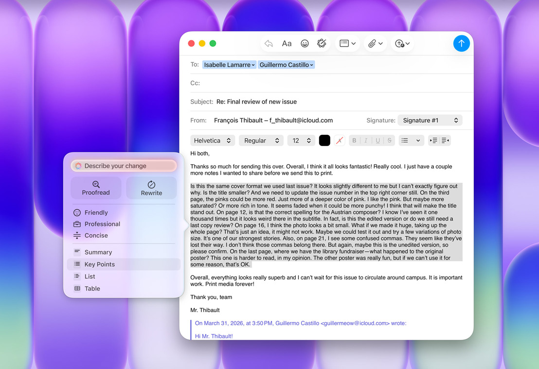 Mail-appen med en panel med Apple Intelligence-funktionen Skrivverktyg, alternativet Huvuddrag är markerat