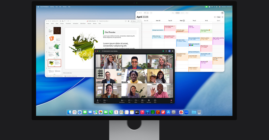 iMac, på skärmen visas ett videosamtal via Zoom med flera deltagare, en kalender och en presentation öppen i bakgrunden