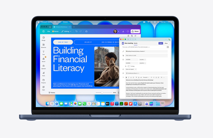 MacBook Neo i midnatt som visar en webbsida med titeln ”Building Financial Literacy” och en bild på en person, ett mejlutkast öppet, ett menyfält med olika ikoner, Dock längst ner med appikoner