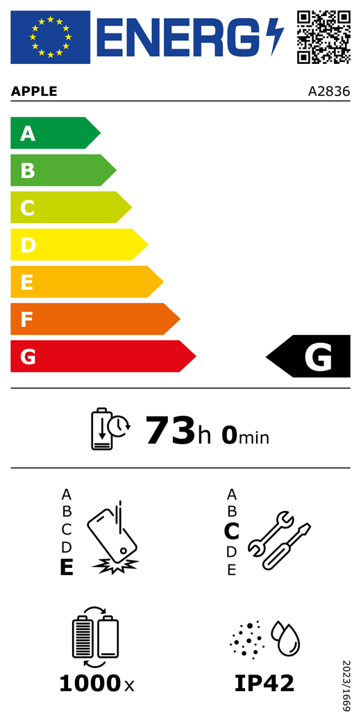 Etichetta energetica UE, codice QR e informazioni, modello Apple A2836, classe G, classi di efficienza energetica (con una scala da A a G), da A (efficienza massima) a G (efficienza minima), l’autonomia della batteria per ciclo è 73 ore e 0 minuti per ogni carica completa, la classe di affidabilità in caso di caduta libera ripetuta è E, da A (robustezza massima) a E (robustezza minima), la classe di riparabilità è C, da A (riparabilità massima) a E (riparabilità minima), la durata della batteria in cicli è 1000, il grado di protezione dall’ingresso di polvere e acqua (IP) è IP42, regolamento 2023/1669.
