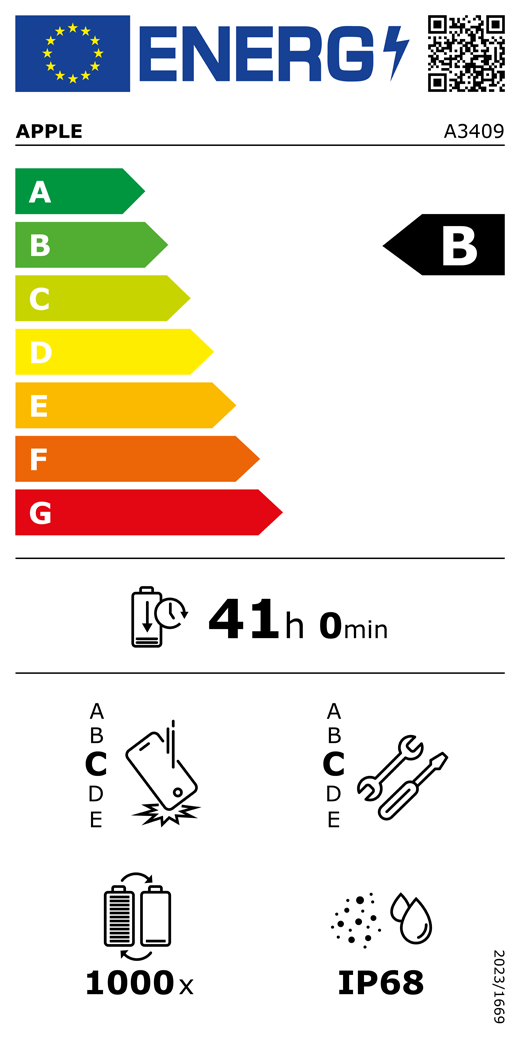 Etichetta energetica UE, codice QR e informazioni, modello Apple A3409, classe B, classi di efficienza energetica (con una scala da A a G), da A (efficienza massima) a G (efficienza minima), l’autonomia della batteria per ciclo è 41 ore e 0 minuti per ogni carica completa, la classe di affidabilità in caso di caduta libera ripetuta è C, da A (robustezza massima) a E (robustezza minima), la classe di riparabilità è C, da A (riparabilità massima) a E (riparabilità minima), la durata della batteria in cicli è 1000, il grado di protezione dall’ingresso di polvere e acqua (IP) è IP68, regolamento 2023/1669.