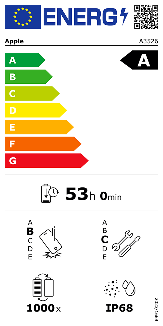 Etichetta energetica UE, codice QR e informazioni, modello Apple A3526, classe A, classi di efficienza energetica (con scala da A a G), da A (efficienza massima) a G (efficienza minima), autonomia della batteria per ciclo corrispondente a 53 ore e 0 minuti per ogni carica completa, classe di affidabilità B in caso di caduta libera ripetuta, da A (robustezza massima) a E (robustezza minima), classe di riparabilità C, da A (riparabilità massima) a E (riparabilità minima), durata della batteria 1000 cicli, protezione dall’ingresso di polvere e acqua (IP) di grado IP68, regolamento 2023/1669.