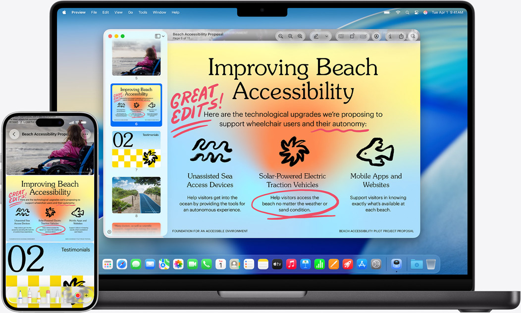 iPhone en MacBook naast elkaar, met Synchrone Weergave-effect op MacBook. Widgets van Agenda en Notities aan bovenkant van display, apps onderaan.