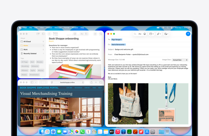 MacBook Neo, couleur indigo, l’écran montre la rédaction d’un e-mail de bienvenue pour la nouvelle recrue d’une librairie, d’autres fenêtres en mosaïque contiennent un document Notes sur l’intégration et le site web du portail destiné au personnel de la librairie dans Safari