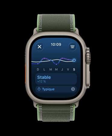 Apple Watch Ultra 3, finition naturelle, boîtier en titane, graphique linéaire et calendrier de charge d’entraînement, bracelet, Boucle Trail, coloris vert/vert fluo