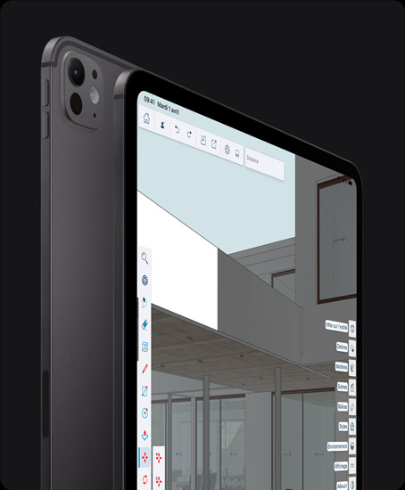 iPad Pro, dos, orientation portrait, noir sidéral, système caméra pro, boutons d’augmentation et de diminution du volume, iPad Pro, face avant, orientation portrait, noir sidéral, cadre d’écran noir, angles arrondis, écran affichant une app de retouche graphique avec des outils et des effets ouverts dans les menus gauche et droit