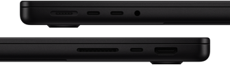 Prikaz priključaka na MacBooku Pro — lijeva strana: MagSafe 3, dva Thunderbolt priključka i priključak za slušalice — desna strana: SDXC utor za karticu, jedan Thunderbolt priključak i HDMI