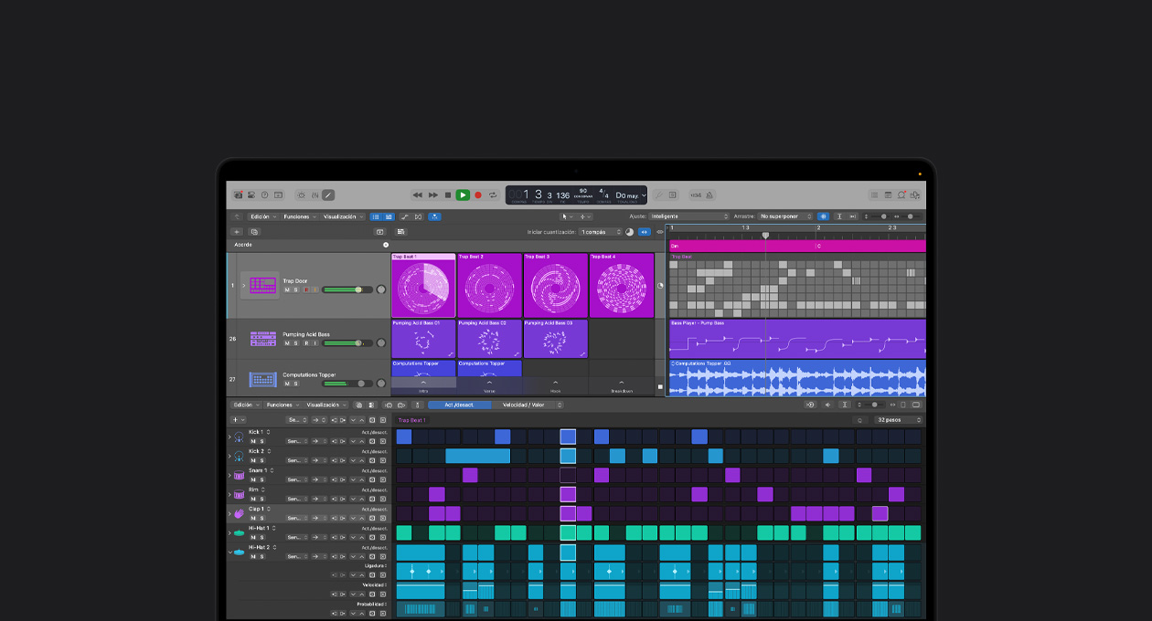 Pantalla de una MacBook Pro de 16 pulgadas, interfaz de Logic Pro con una ventana abierta de Crunchy Synth donde se ven ondas de sonido que representan la música de un piano de cámara, los instrumentos y los efectos en segundo plano