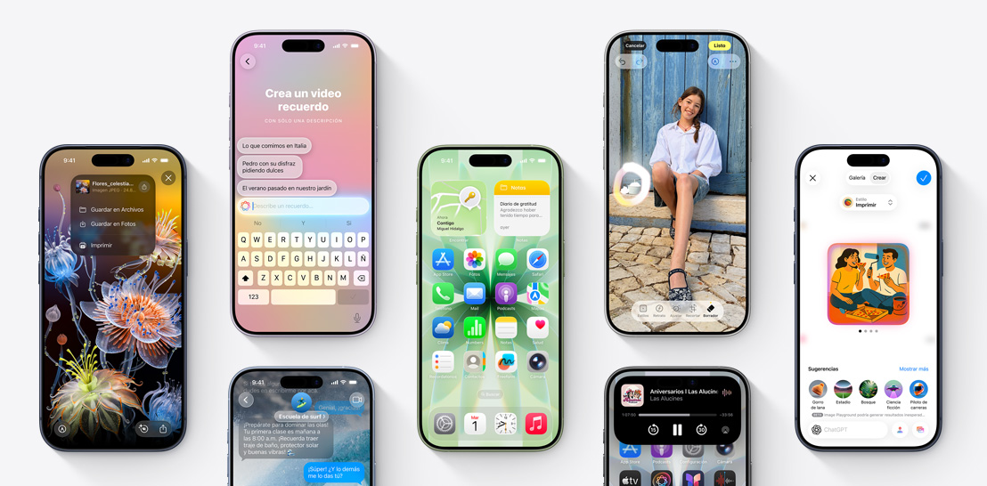 Varios dispositivos iPhone 17 y 17 Pro, cada uno con una pantalla diferente que muestra las funcionalidades de iOS 26 y Apple Intelligence