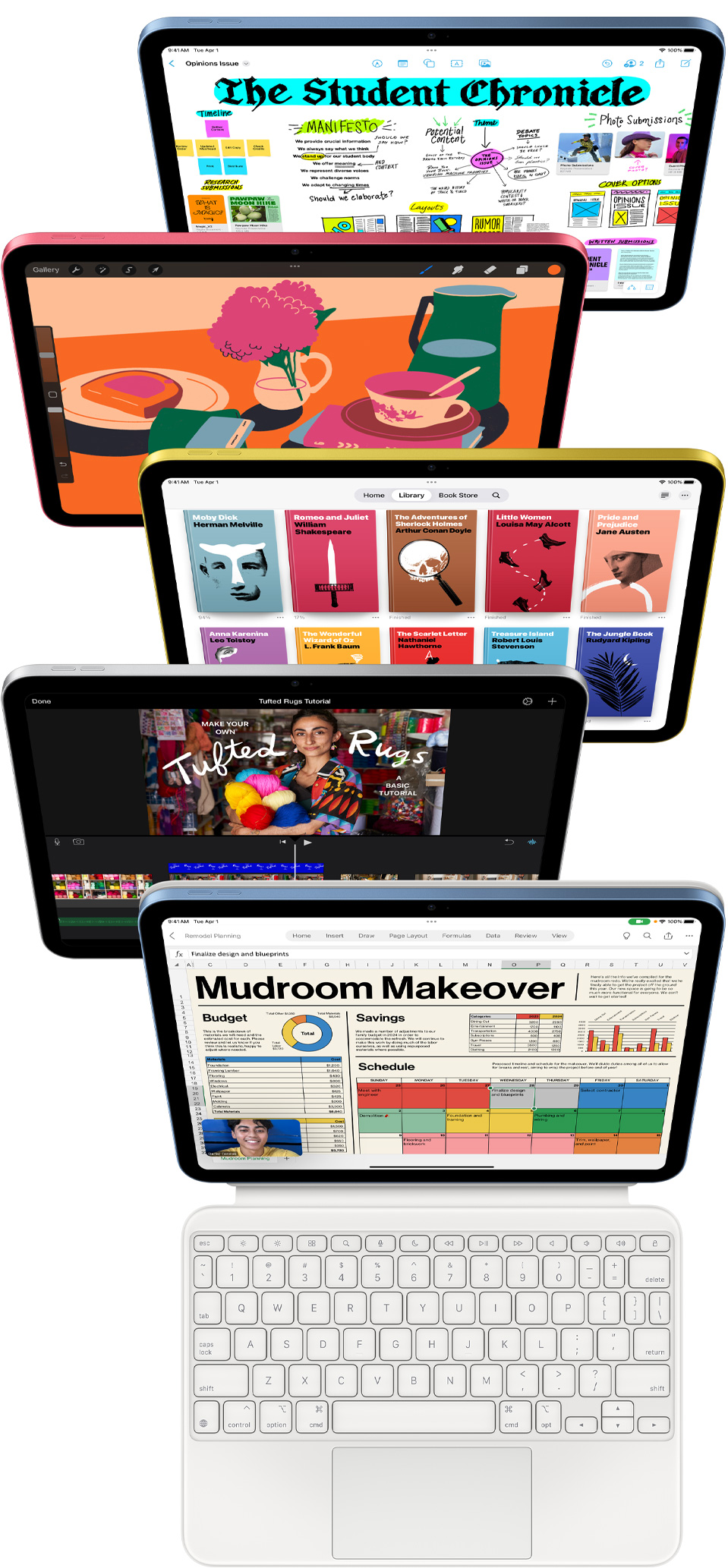 Przednie ekrany iPada wyświetlają różne aplikacje, w tym Freeform, ProCreate, Apple Books, iMovie i Excel z Webex Meetings.