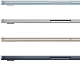 Вигляд збоку, чотири моделі MacBook Air в чотирьох різних кольорах