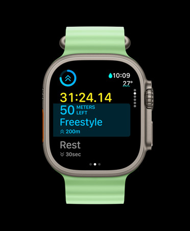 Apple Watch Ultra 3, natural colour, titanium case, Workout app, custom workout card, Up Next view, neon green Ocean Band