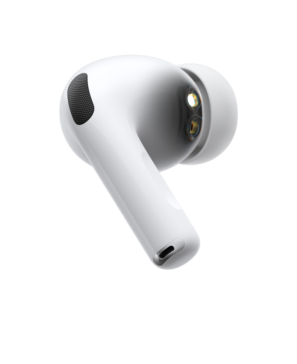 AirPods Pro 3, trådlös hörlur, vit, sedd från sidan, kort runt skaft, brusreducerande mikrofon, örontopp i silikon, pulserande våg