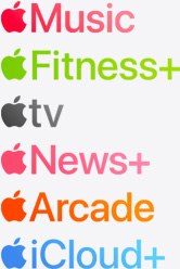 Icônes des apps Apple Music, Apple Fitness+, Apple TV, Apple News+, Apple Arcade et iCloud+