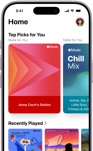 Apple Music Home tab screen on iPhone, Top Picks for You carousel showing Jenny Court's personalised stations and playlists