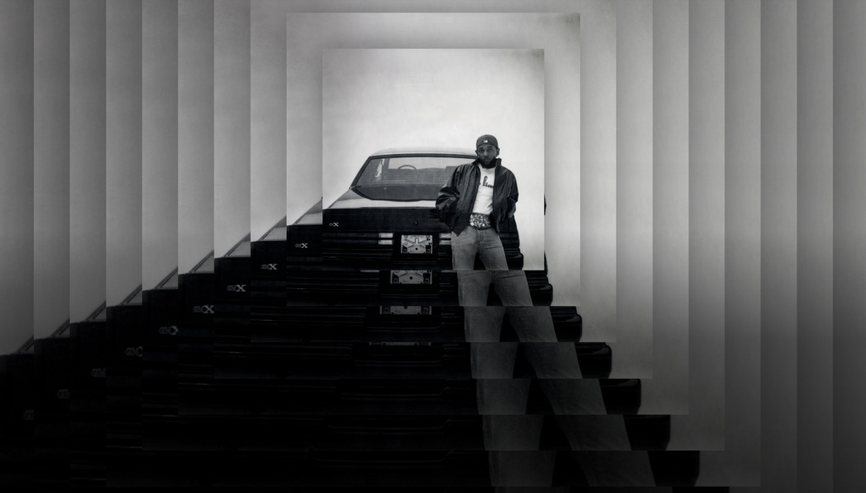 Kendrick Lamar album "GNX" cover art features Kendrick Lamar leaning on a car — specifically a 1987 Buick GNX. The album cover is repeated and layered on top of each other.