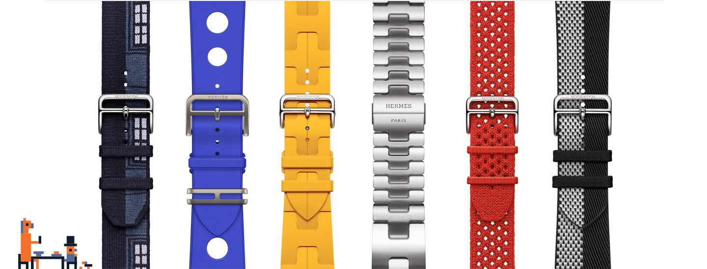 Pixel art représentant une personne et un cheval assis à une table, bracelets pour Apple Watch Hermès disponibles dans différents styles et coloris