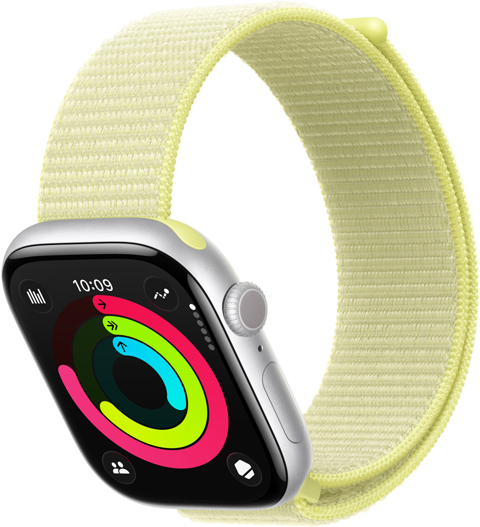 Apple Watch Series 11, silver colour, aluminum case, Activity rings: Move, Exercise, Stand, right side exterior, Digital Crown dial, side button, microphone, band, neon yellow Sport Loop