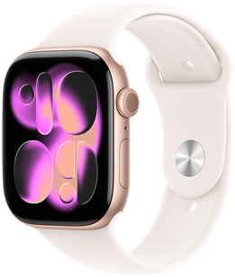 Apple Watch Series 11, rose gold colour, aluminum case, Responsive Art watch face, right side exterior, Digital Crown, microphone, side button, Sport Band, light blush colour, silver pin-and-tuck closure