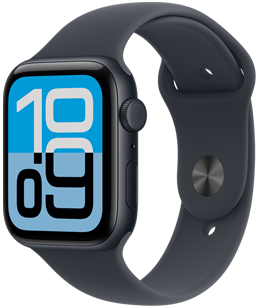 Apple Watch SE 3, aluminum case, midnight colour, Flux watch face, right side exterior, Digital Crown, microphone, side button, midnight Sport Band, midnight pin-and-tuck closure