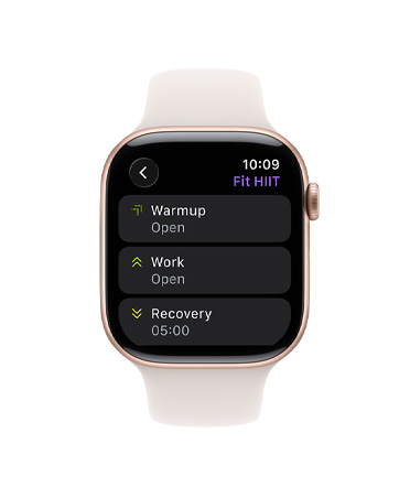 Apple Watch Series 11, rose gold colour, aluminum case, Workout app, Custom Workout card, band, light blush Sport Band