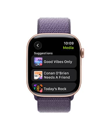 Apple Watch Series 11, caja de aluminio, color oro rosa, controles de Apple Music, playlist para entrenar, lateral derecho, Digital Crown, correa Loop deportiva color niebla lila
