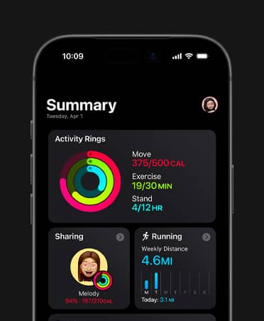 iPhone 17, sammanfattning av träning, aktivitetsringar, mätvärden för Rörelse, Träning och Stå, aktivitetsdelning med vänner, veckostatistik för löpning, träningsbelastning