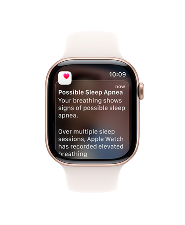 Apple Watch Series 11, rose gold colour, aluminum case, expanded sleep apnea notification, right side exterior, Digital Crown, Sport Band, light blush colour