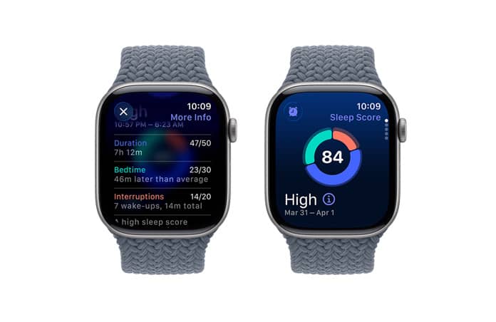 Apple Watch Series 11, aluminiumboett i rymdgrått, Tips från smart trave, notis om sömnpoäng, höger utsida, Digital Crown, flätad sololoop i ankarblått