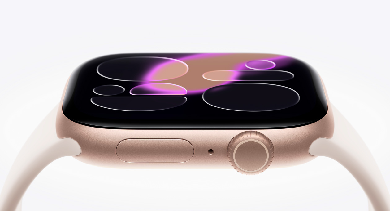 Apple Watch Series 11, rose gold colour, aluminum case, Responsive Art watch face, right side exterior, Digital Crown, microphone, side button, Sport Band, light blush colour