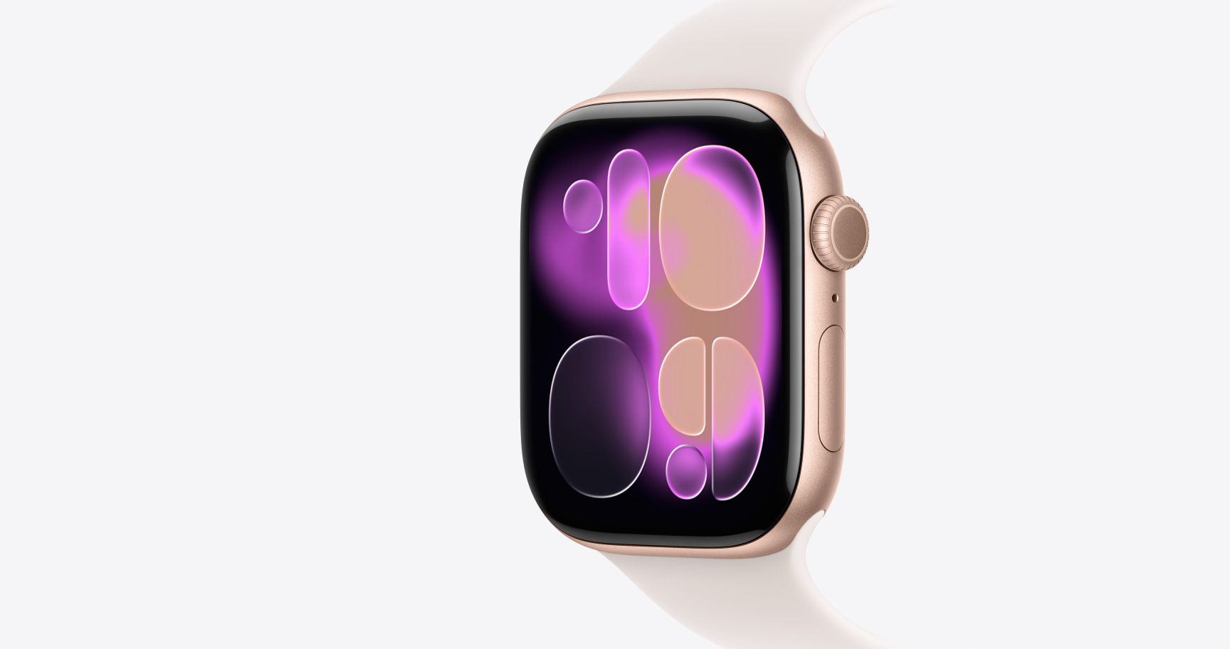 Apple Watch Series 11, rose gold colour, aluminum case, Responsive Art watch face, right side exterior, Digital Crown, microphone, side button, Sport Band, light blush colour