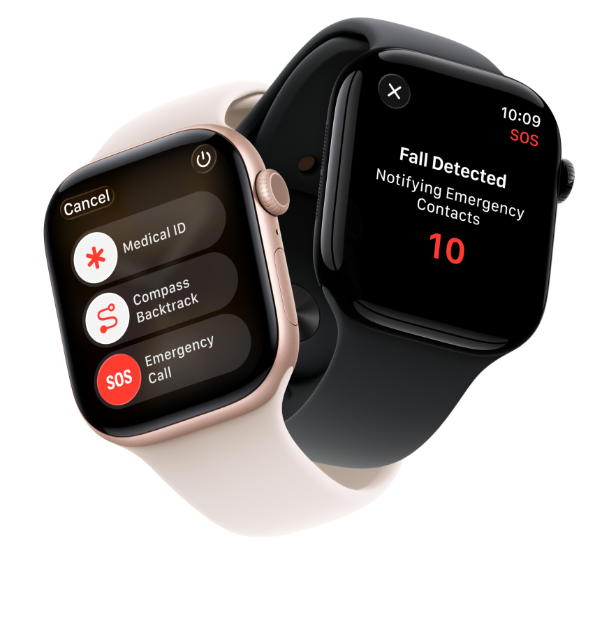 Apple Watch Series 11 devices, aluminum cases, rose gold and polished jet black colours, safety features onscreen: medical ID, compass backtrack, emergency call, Sport Bands, light blush and black colours