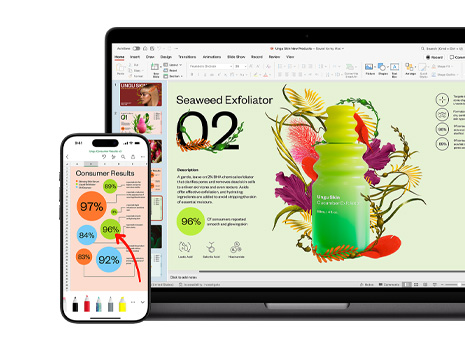 Un Mac e un iPhone con diverse sezioni di una presentazione vivace e colorata incentrata su un prodotto per la cura della pelle.