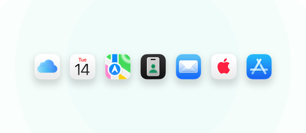 Una gamma di app e strumenti per lavorare tra cui iCloud, Calendario, Mappe, Apple Business, Mail, AppleCare e App Store