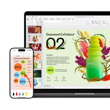 Bir cilt bakım ürününe odaklanan canlı ve renkli bir sunumun farklı bölümlerini gösteren bir Mac ve iPhone’un önden görünümü.