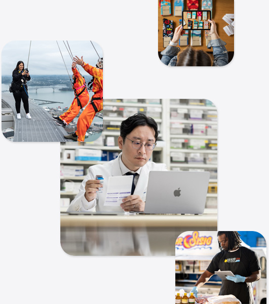 Laboratuvar önlüğü giymiş, MacBook kullanan bir eczacı; bungee jump yapmak üzere olan iki kişinin iPhone ile fotoğrafını çeken bir bungee jumping eğitmeni; elinde bir iPad tutarak gıda maddeleriyle ilgilenen bir adam; bir masada sergilenen çorapların fotoğrafını iPad ile çeken bir kadın dahil olmak üzere çeşitli küçük işletmeler.