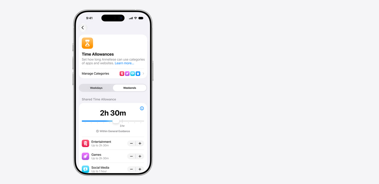 iPhone displaying Time Allowance interface, including a shared time allowance of two hours and 30 minutes, and suggested allowances for app categories like entertainment, games and social media.