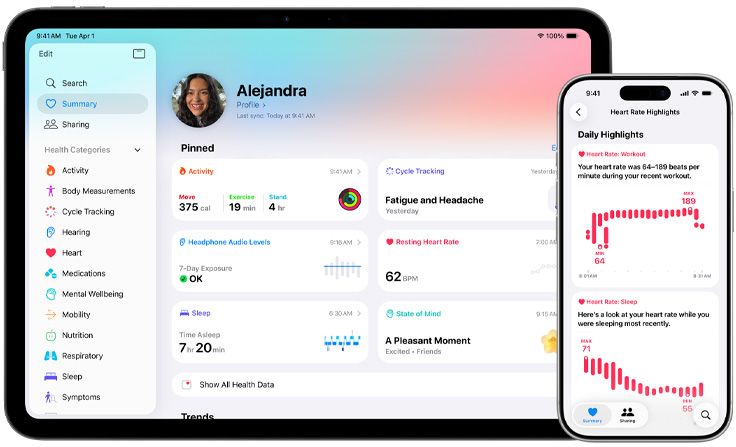 Health app with summary of health information including activity, cycle tracking, headphone audio levels, resting heart rate, sleep, and state of mind