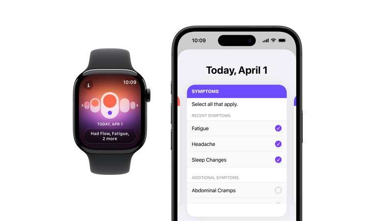 Apple Watch Series 11, aluminum case, polished jet black colour, Sport Band, black colour, Cycle Tracking app, daily symptoms selector open on paired iPhone