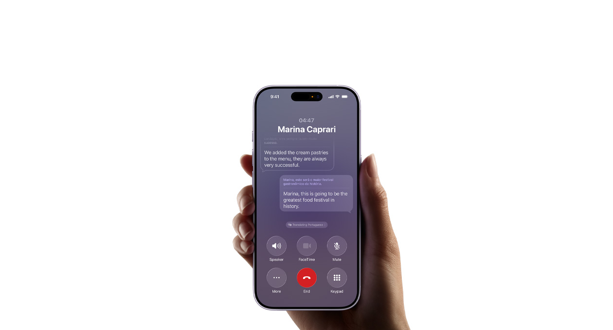 Bir el iPhone 17’yi tutarken Apple Intelligence Canlı Çeviri özelliği gösteriliyor