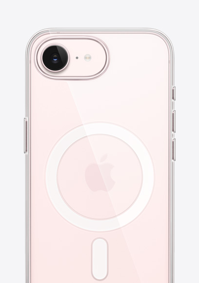 iPhone 17e, parte trasera, color rosa palo, funda transparente con MagSafe, cámara Fusion en la parte superior, logo de Apple en el centro