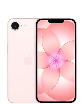 iPhone 17e, parte trasera, color rosa palo, cámara Fusion a la izquierda y el logo de Apple en el centro, parte delantera, color rosa palo, diseño de borde a borde
